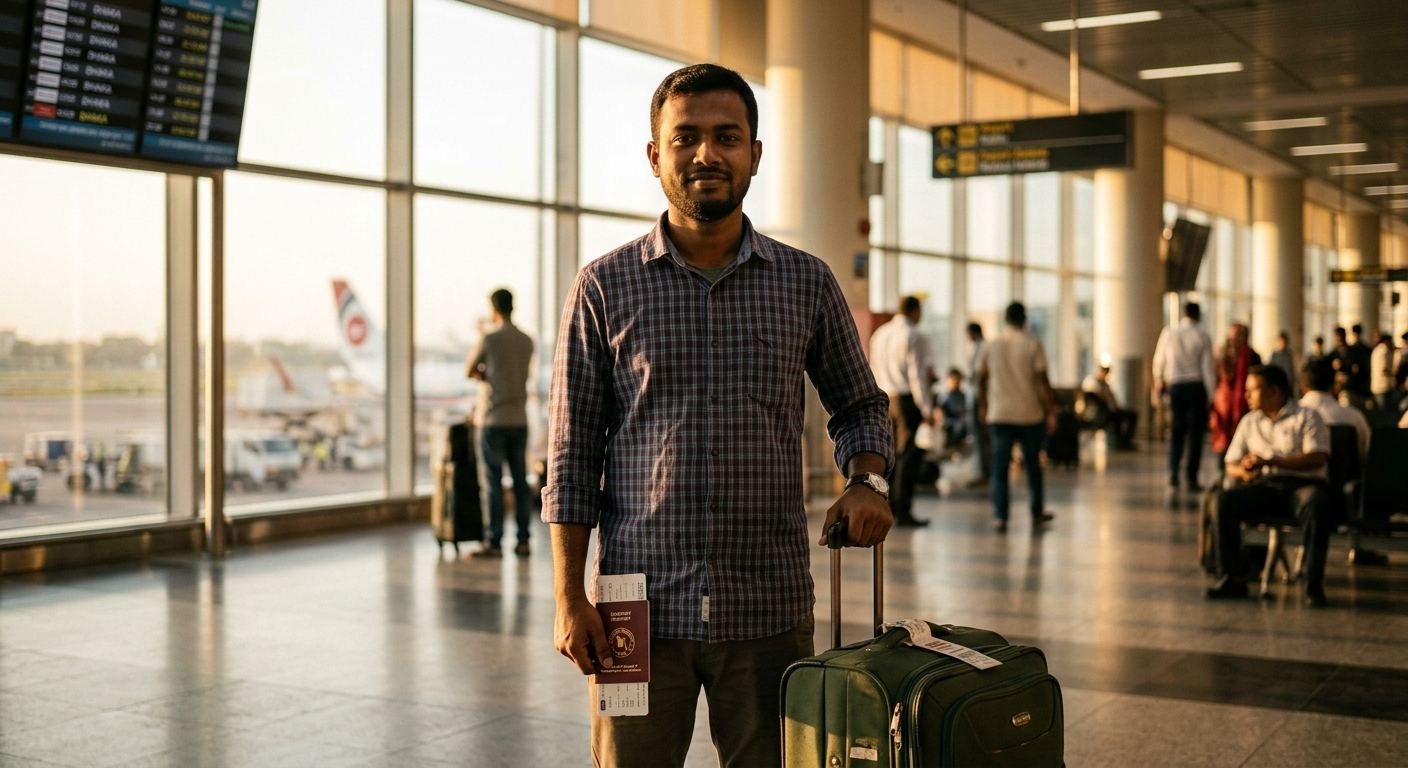 Bangladeshi worker at the airport with passport and luggage