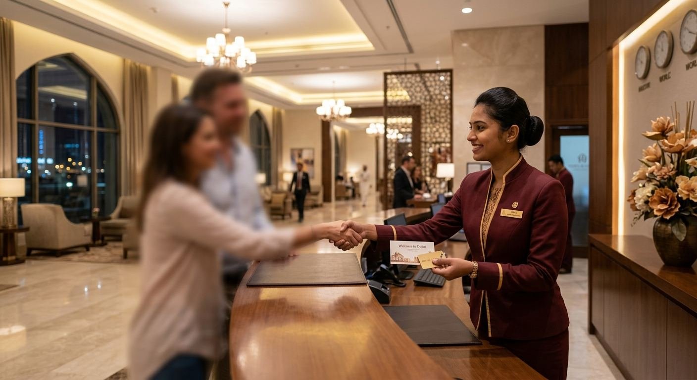 Hotel front desk staff welcoming guests in the Middle East