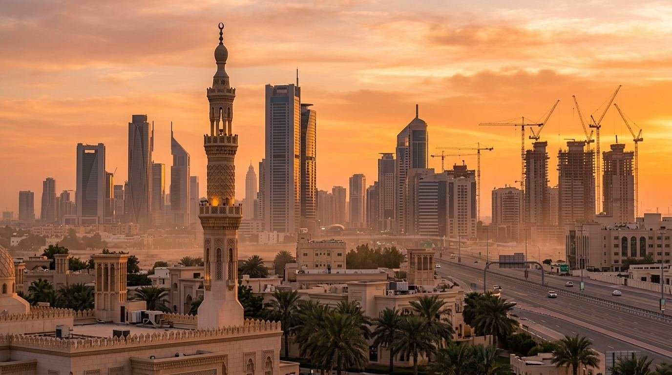 Middle East city skyline with mosque minaret at sunset